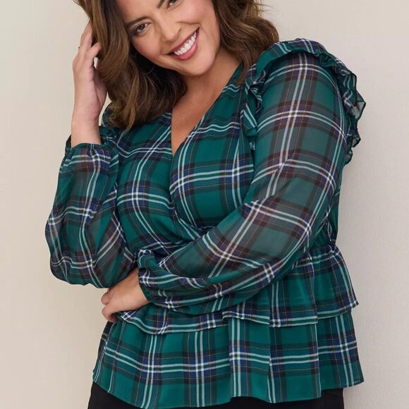 torrid Chiffon Ruffled Surplice Plaid Green Crop Top Sz 1 - Picture 6 of 7
